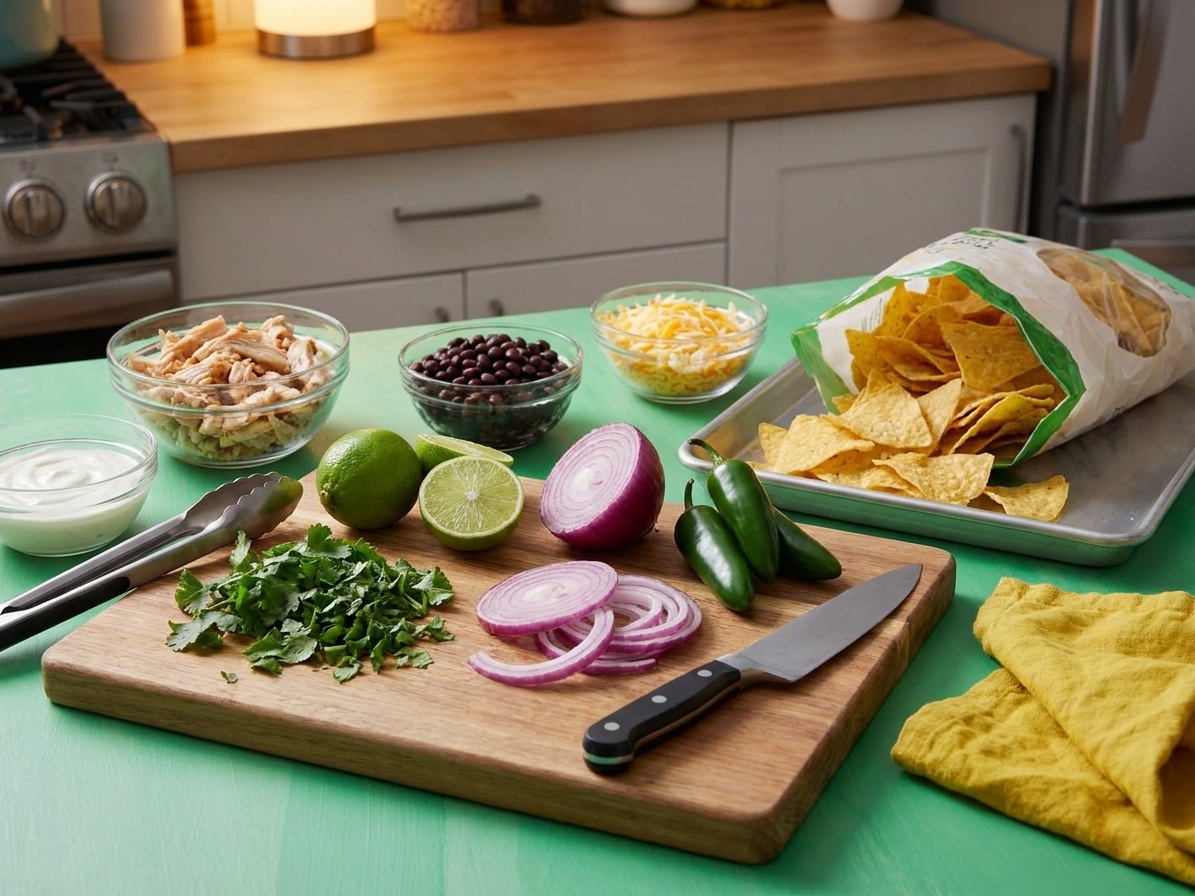 Tortilla chips, shredded cheese, cooked shredded chicken, black beans, jalapeños, red onion, limes, sour cream, and cilantro arranged on a kitchen counter, ready for prep