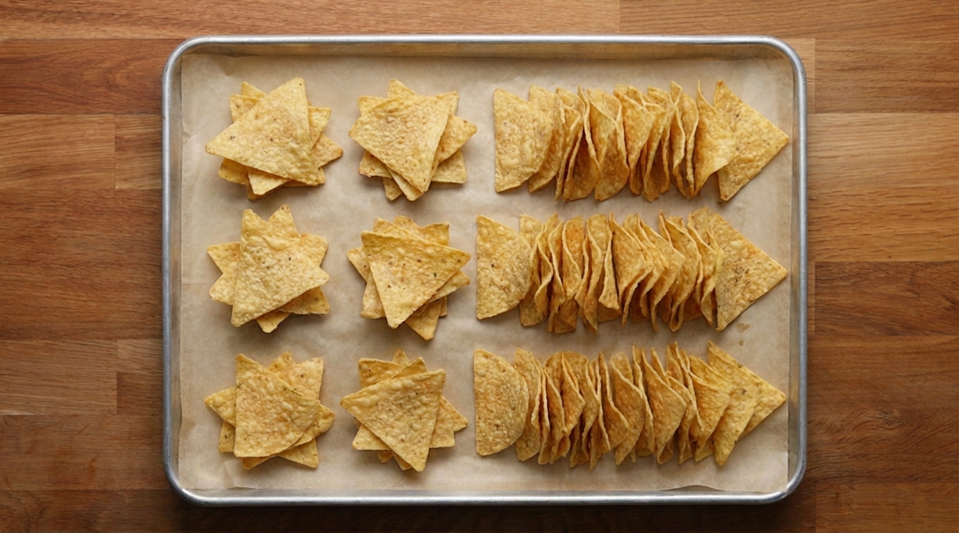 Tortilla chips stacked in small piles and stood upright in tight rows on a parchment-lined sheet pan on a home kitchen counter
