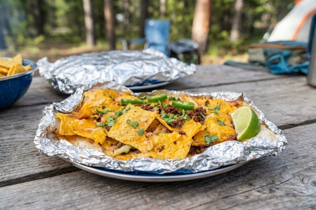 Tortilla chips topped with shredded cheese and seasoned beef inside an open foil packet on a picnic table