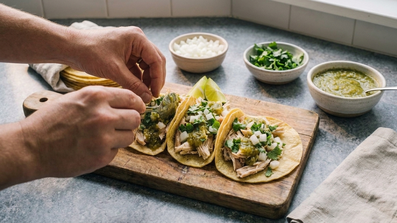 Tortillas being filled with rotisserie chicken, then topped with onion, cilantro, and salsa verde over a wooden cutting board