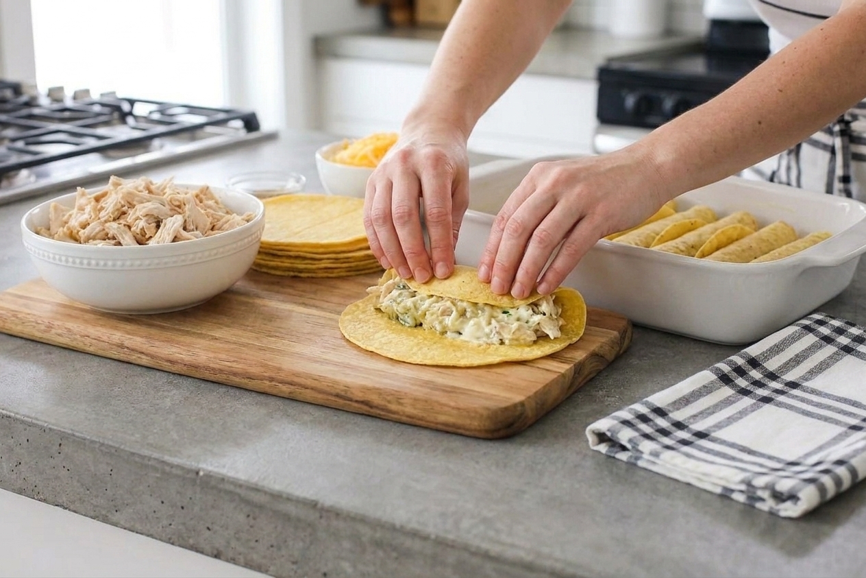 Tortillas being rolled around a creamy chicken filling on a cutting board next to a baking dish