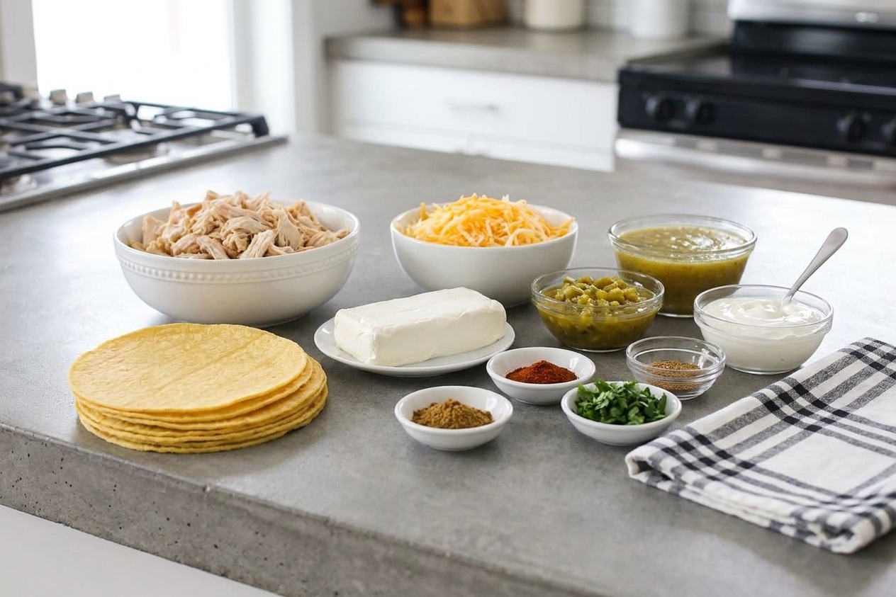 Tortillas, shredded chicken, cream cheese, shredded cheese, green chiles, enchilada sauce, sour cream, and spices arranged on a clean kitchen counter