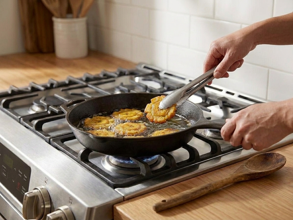 Tostones frying in bubbling oil in a skillet on a stovetop, turning golden at the edges