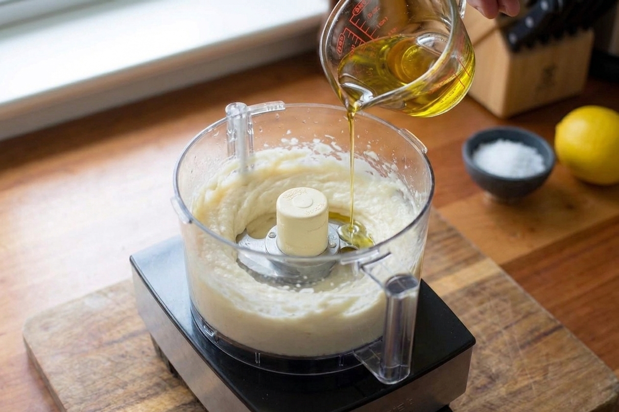 Toum sauce thickening in a food processor, turning pale and creamy as oil is slowly poured in