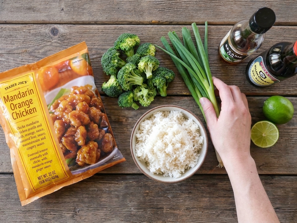 Trader Joe's Mandarin Orange Chicken bag, broccoli florets, scallions, cooked rice, sesame oil, soy sauce, and a lime arranged on a clean kitchen counter in warm lighting