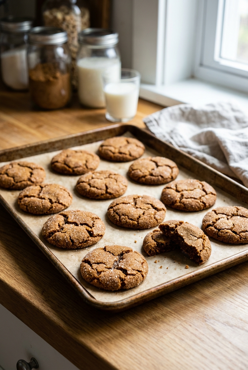 Tray of chewy ginger molasses cookies with crackly tops