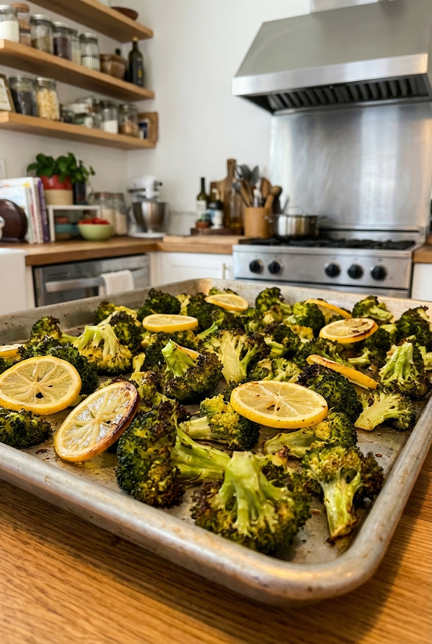 Tray of roasted broccoli with browned florets and lemon slices