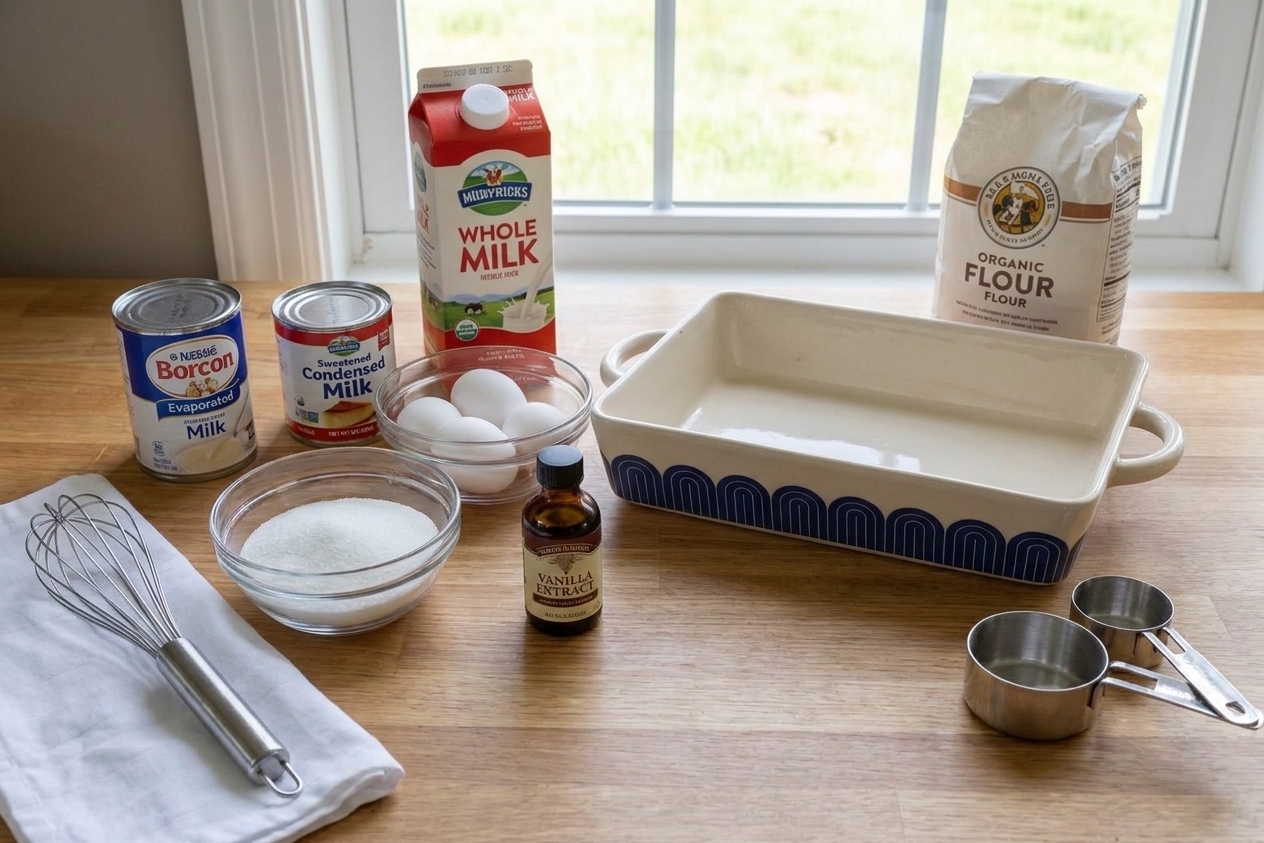 Tres leches cake ingredients laid out on a bright kitchen counter, including evaporated milk, sweetened condensed milk, whole milk, eggs, flour, sugar, vanilla, and a baking dish