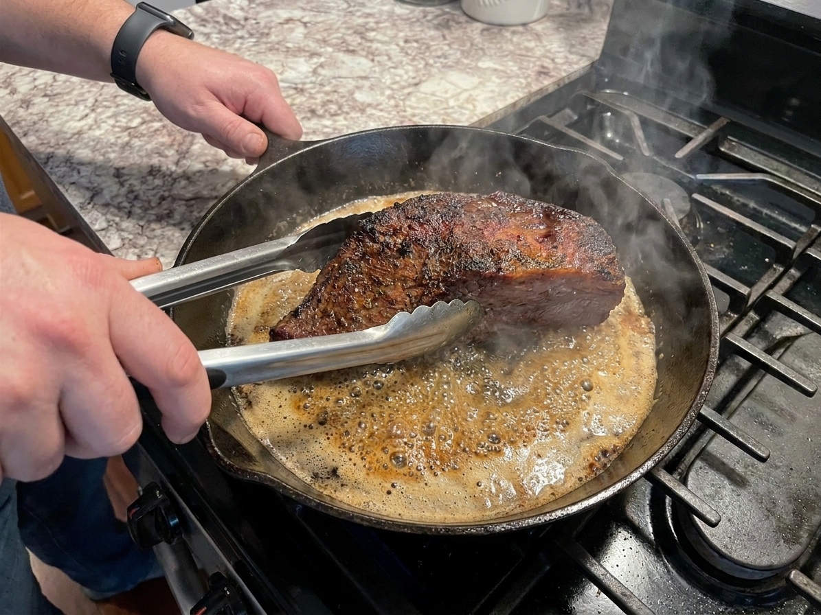Tri tip roast being seared in a hot cast iron skillet with bubbling butter on a stovetop, with tongs holding the meat