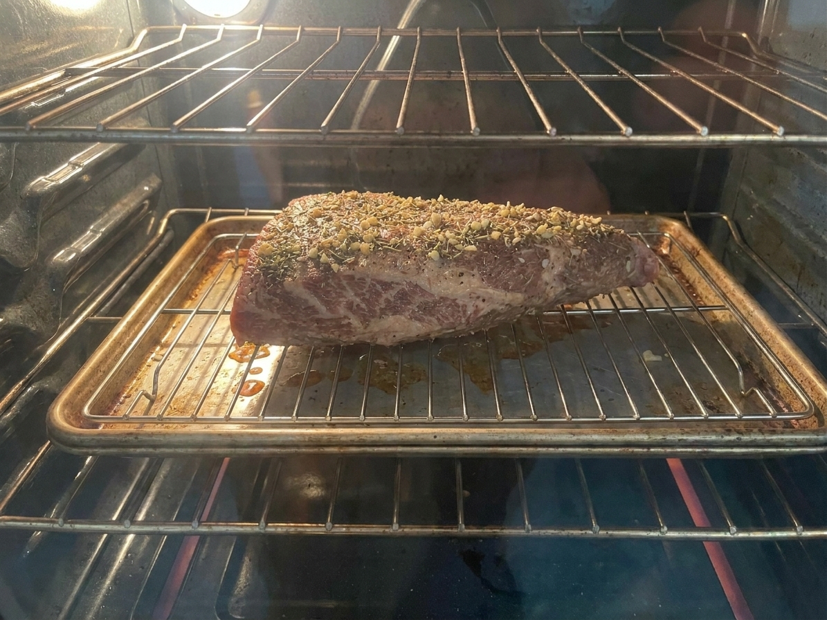Tri tip roast on a wire rack over a sheet pan inside an oven, mid-roast with light browning starting to form