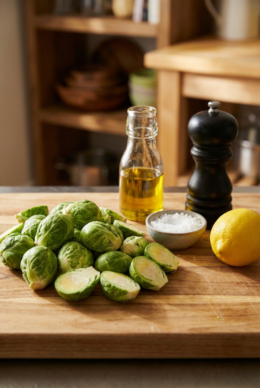 Trimmed and halved Brussels sprouts on a cutting board with olive oil, salt, pepper, and a lemon nearby