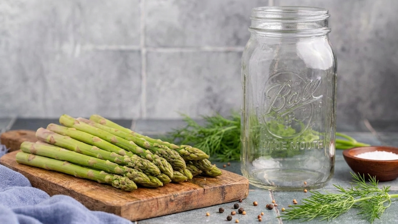 Trimmed asparagus spears lined up on a wooden cutting board next to a wide-mouth quart jar on a bright kitchen counter
