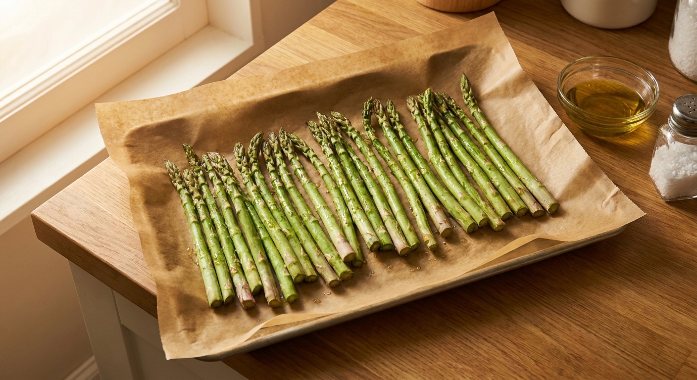 Trimmed asparagus spears spread on a parchment lined baking sheet, ready to be seasoned, on a warm toned kitchen counter