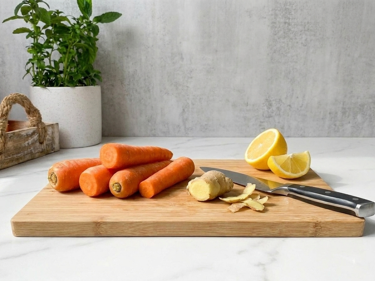 Trimmed carrots, peeled ginger, and a cut lemon on a wooden cutting board with a chef’s knife nearby