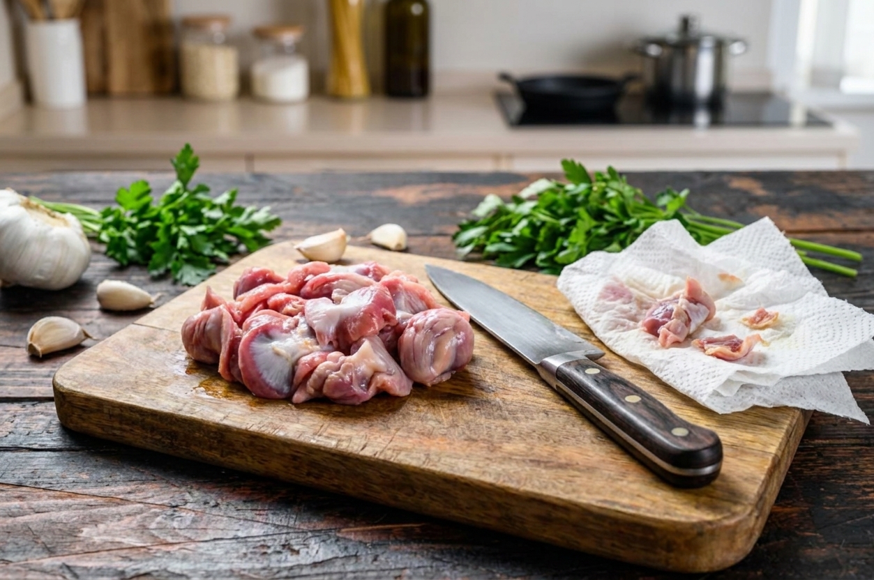 Trimmed chicken gizzards on a wooden cutting board with a chef’s knife and paper towels on a home kitchen counter
