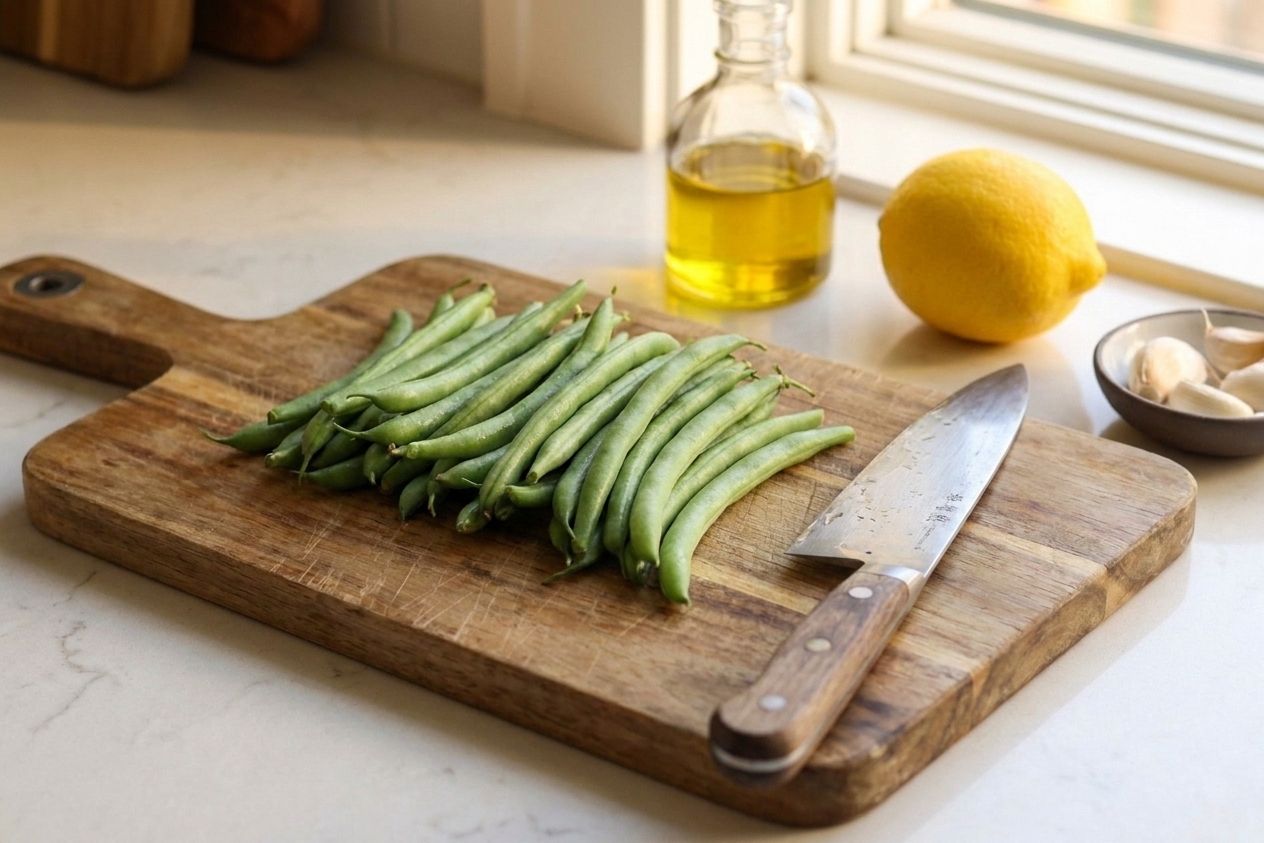Trimmed fresh green beans lined up on a wooden cutting board with a chef's knife nearby on a bright kitchen counter