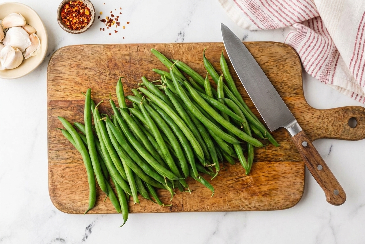 Trimmed fresh green beans piled on a cutting board next to a chef's knife