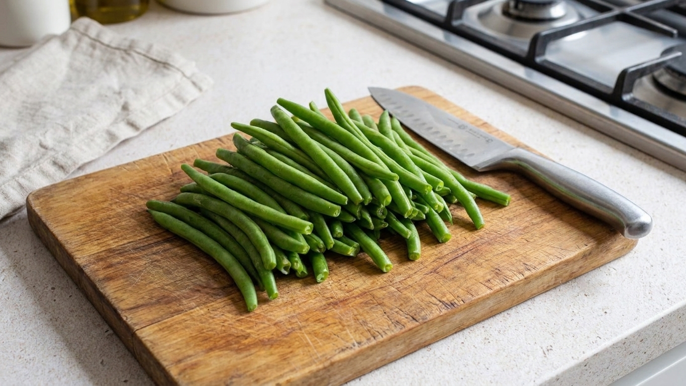 Trimmed green beans piled on a wooden cutting board with a chef’s knife on a bright kitchen counter