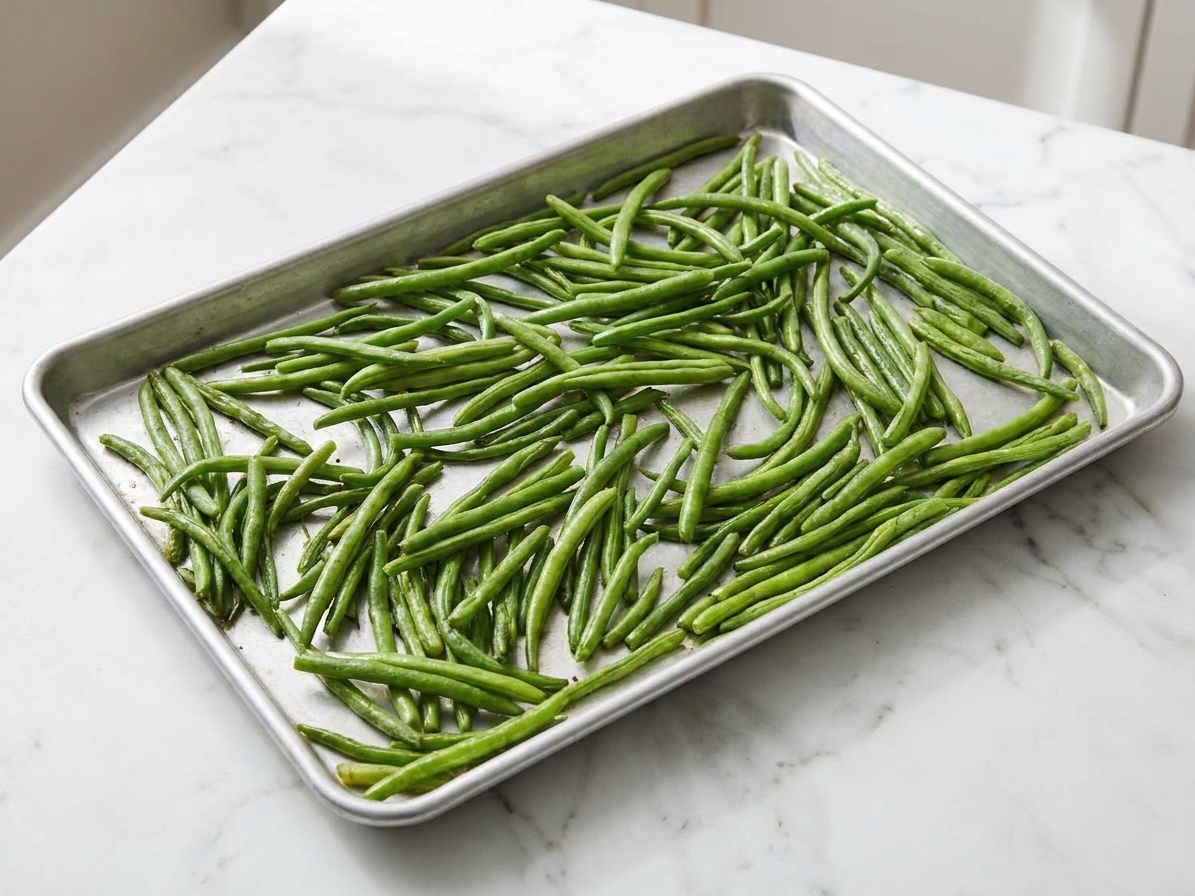 Trimmed green beans spread out on a rimmed sheet pan on a kitchen counter, ready to be seasoned