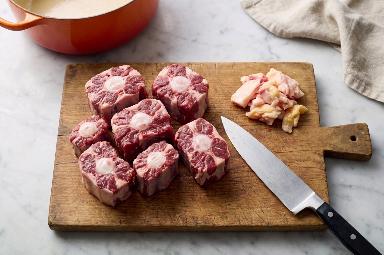 Trimmed raw oxtails on a cutting board with a chef's knife and a small pile of trimmed fat on the side