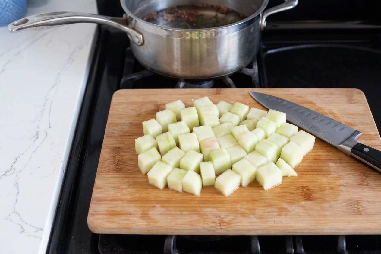 Trimmed watermelon rind cut into small cubes on a cutting board