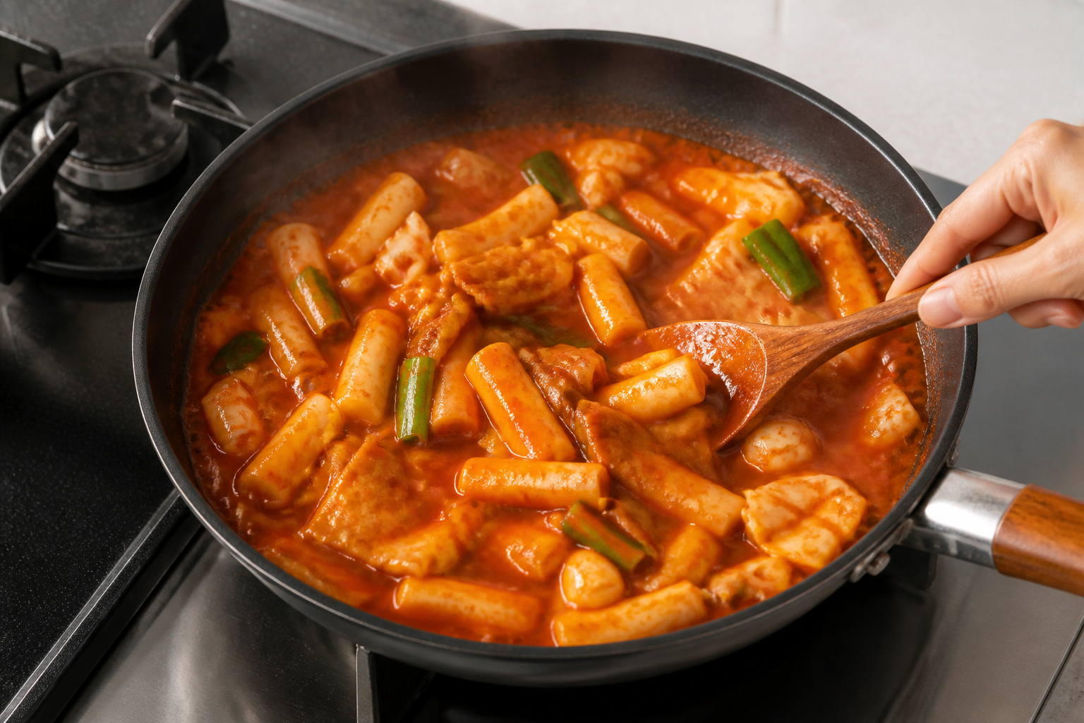 Tteokbokki sauce bubbling in a shallow pan with rice cakes and fish cake pieces, a wooden spoon stirring on a stovetop