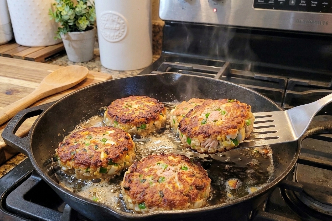 Tuna cakes sizzling in a skillet with oil, turning golden brown around the edges on a stovetop