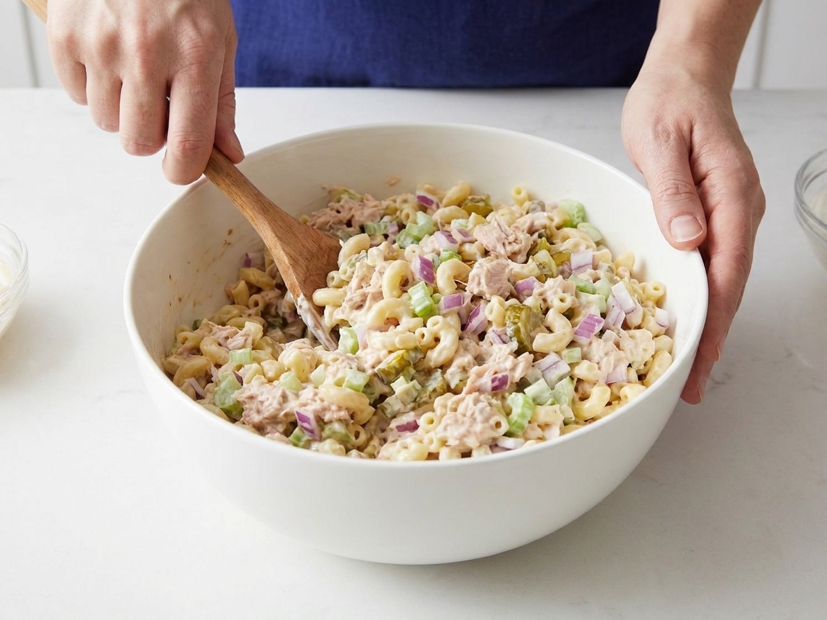Tuna macaroni salad being stirred together in a large white mixing bowl with a wooden spoon on a bright kitchen counter