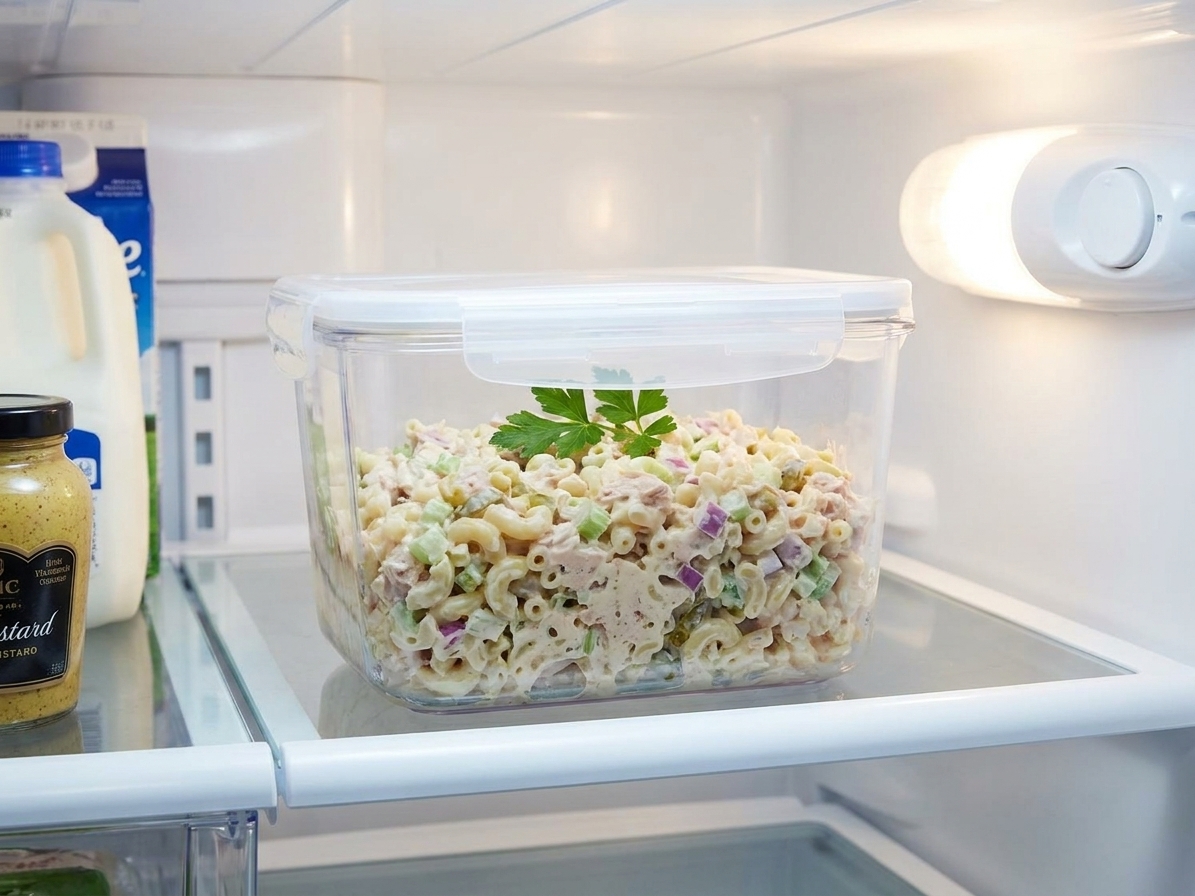 Tuna macaroni salad stored in a clear airtight container with a snapped-on lid sitting on a refrigerator shelf