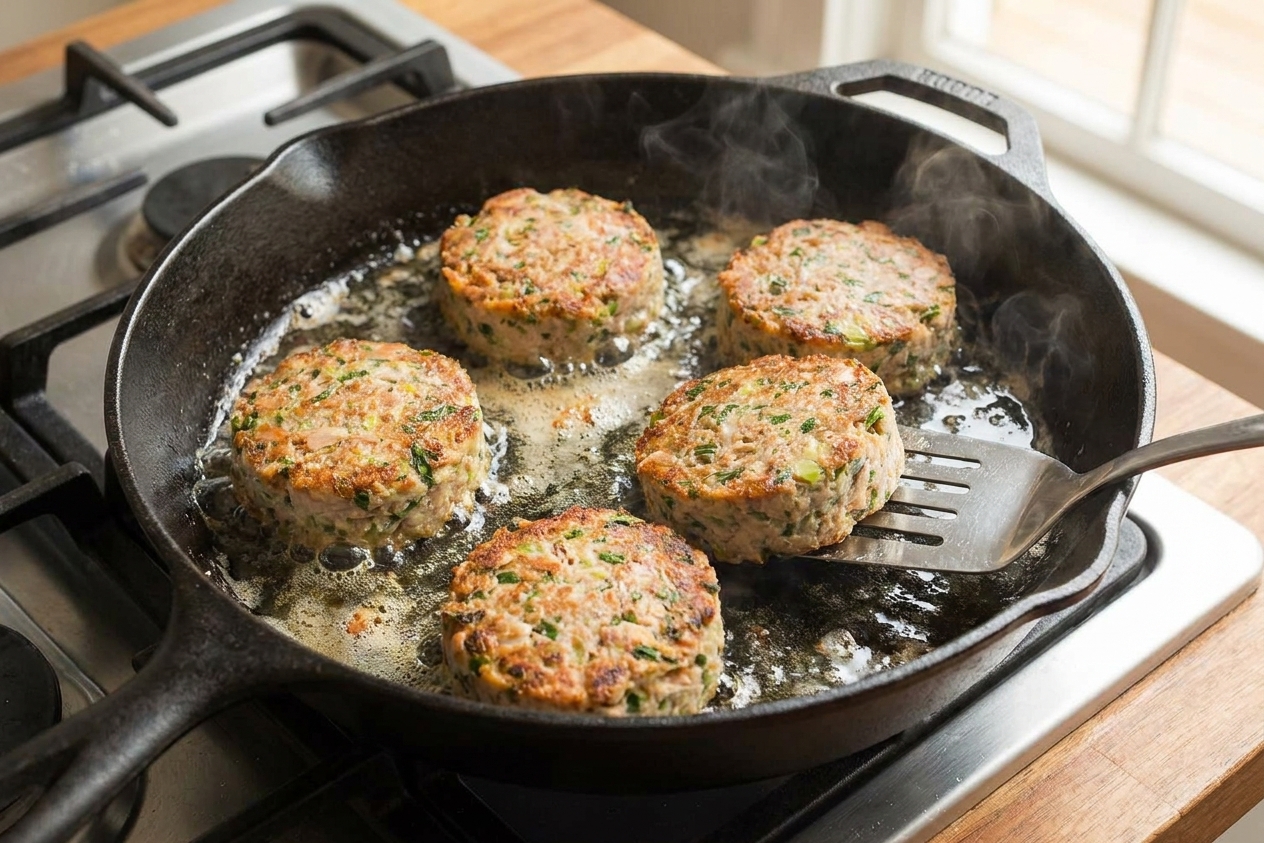 Tuna patties sizzling in a skillet with oil, edges turning golden brown as they cook on the stovetop