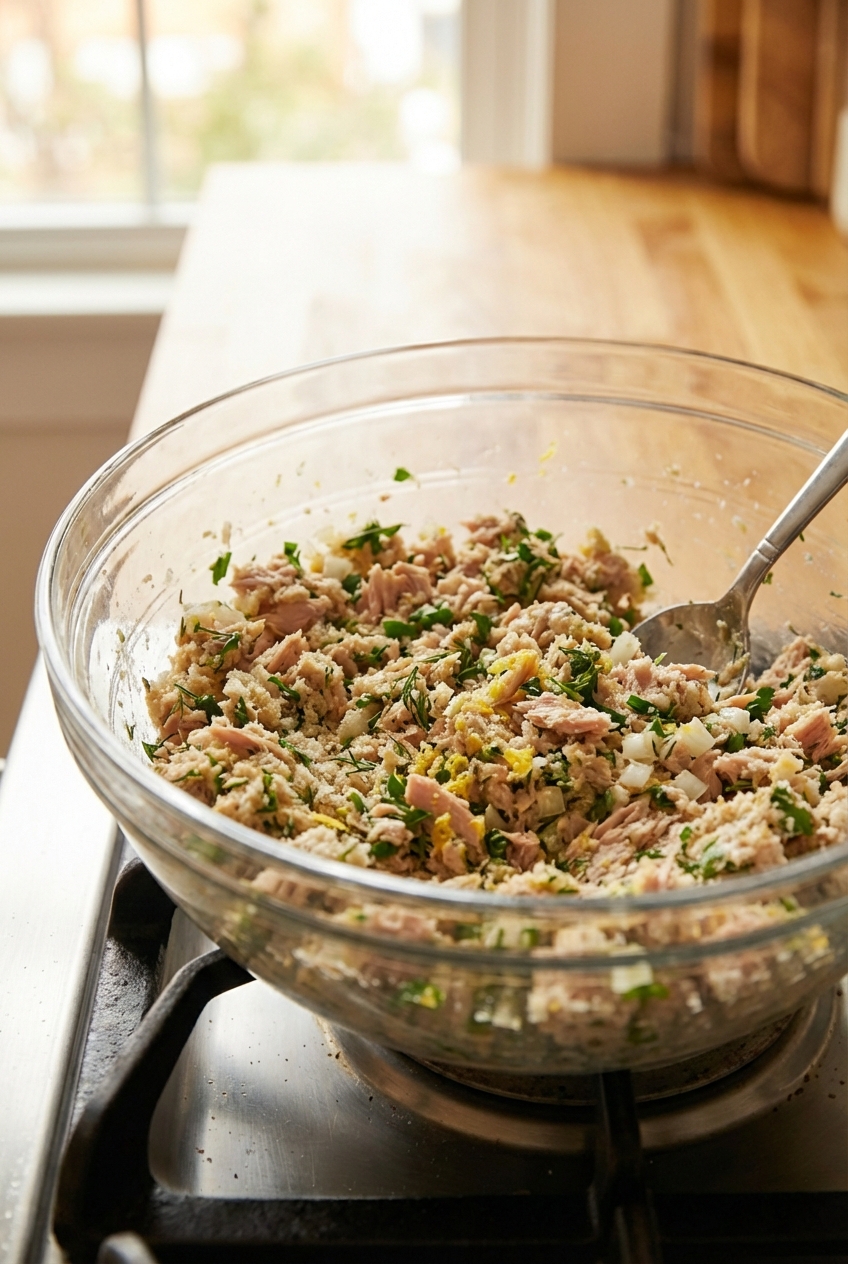 Tuna patty mixture in a bowl with chopped herbs and lemon zest, ready to be formed