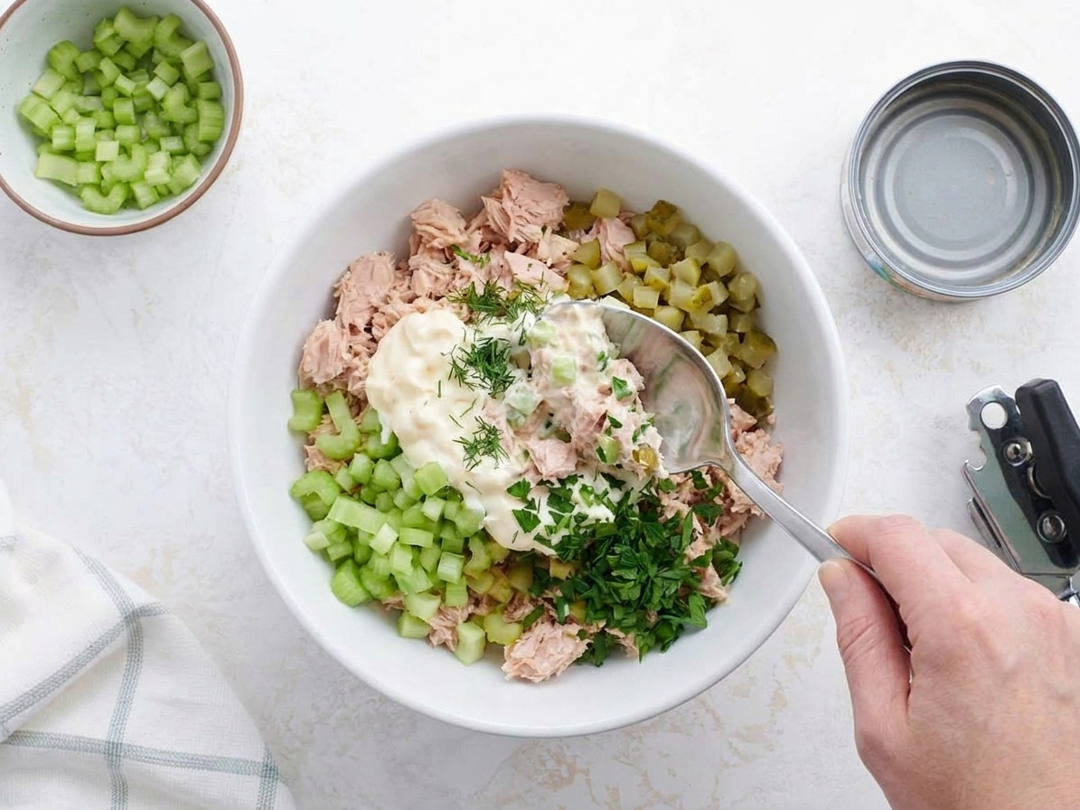 Tuna salad being mixed in a bowl with visible chopped celery, pickles, and herbs