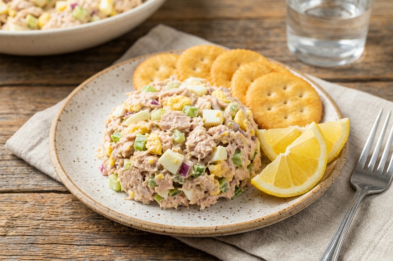 Tuna salad with egg served on a small plate with crackers and lemon wedges on a casual lunch table setting