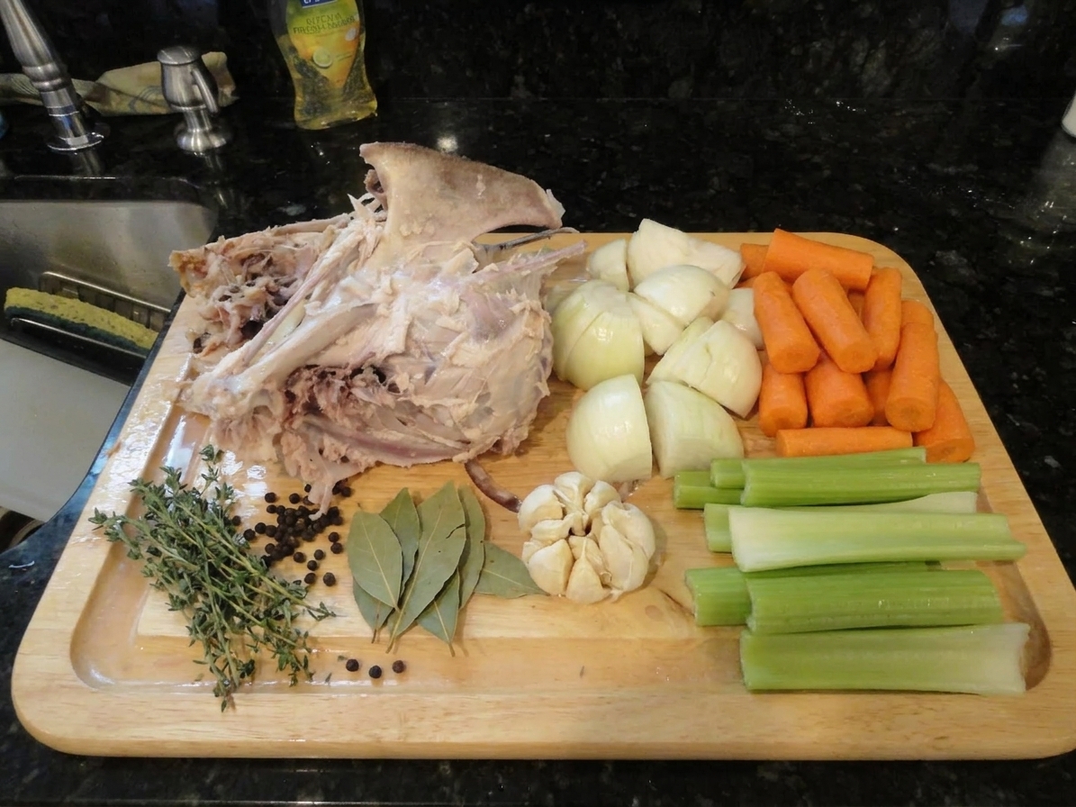 Turkey bones, onion, carrots, celery, garlic, bay leaves, thyme, and peppercorns arranged on a kitchen counter ready to make stock