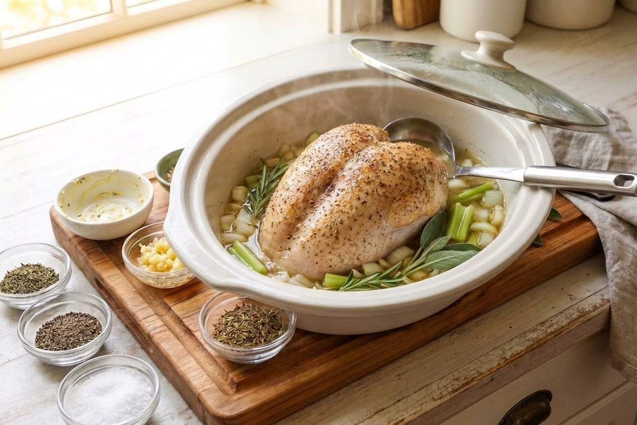 Turkey breast cooking in a slow cooker on a kitchen counter with onions and celery visible around the edges