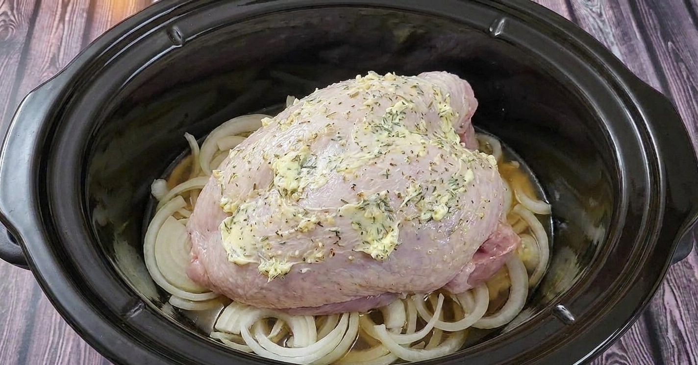 Turkey breast sitting on onions inside a slow cooker crock before the lid is placed on