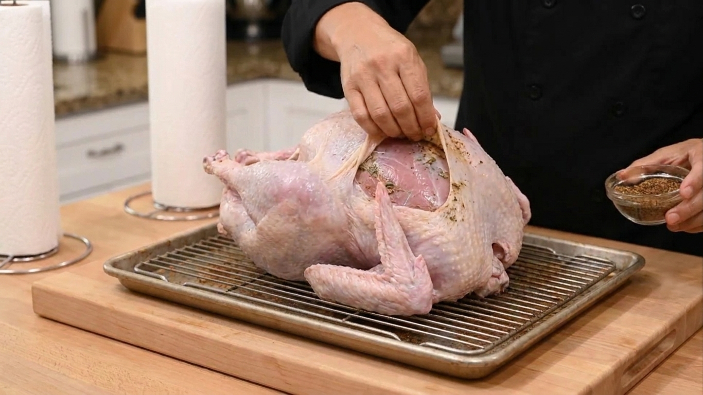 Turkey breast skin gently lifted so seasoning can be rubbed directly onto the meat while the turkey sits on a roasting rack