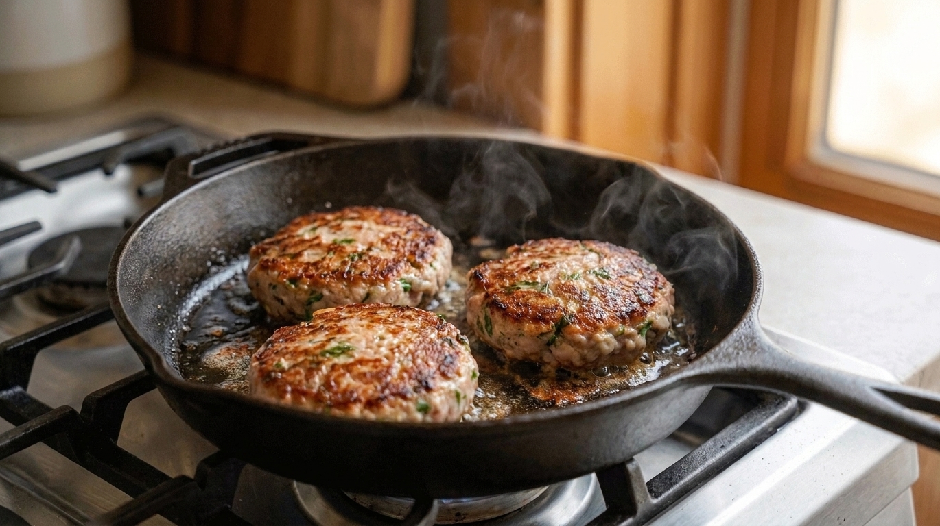 Turkey burger patties browning in a skillet with crisp golden edges