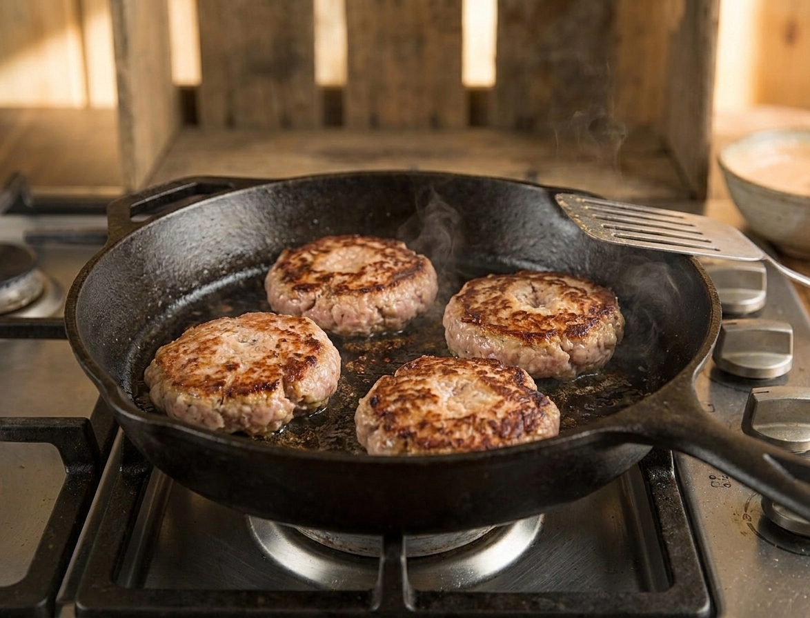 Turkey burger patties searing in a cast iron skillet with browned edges forming, on a stovetop