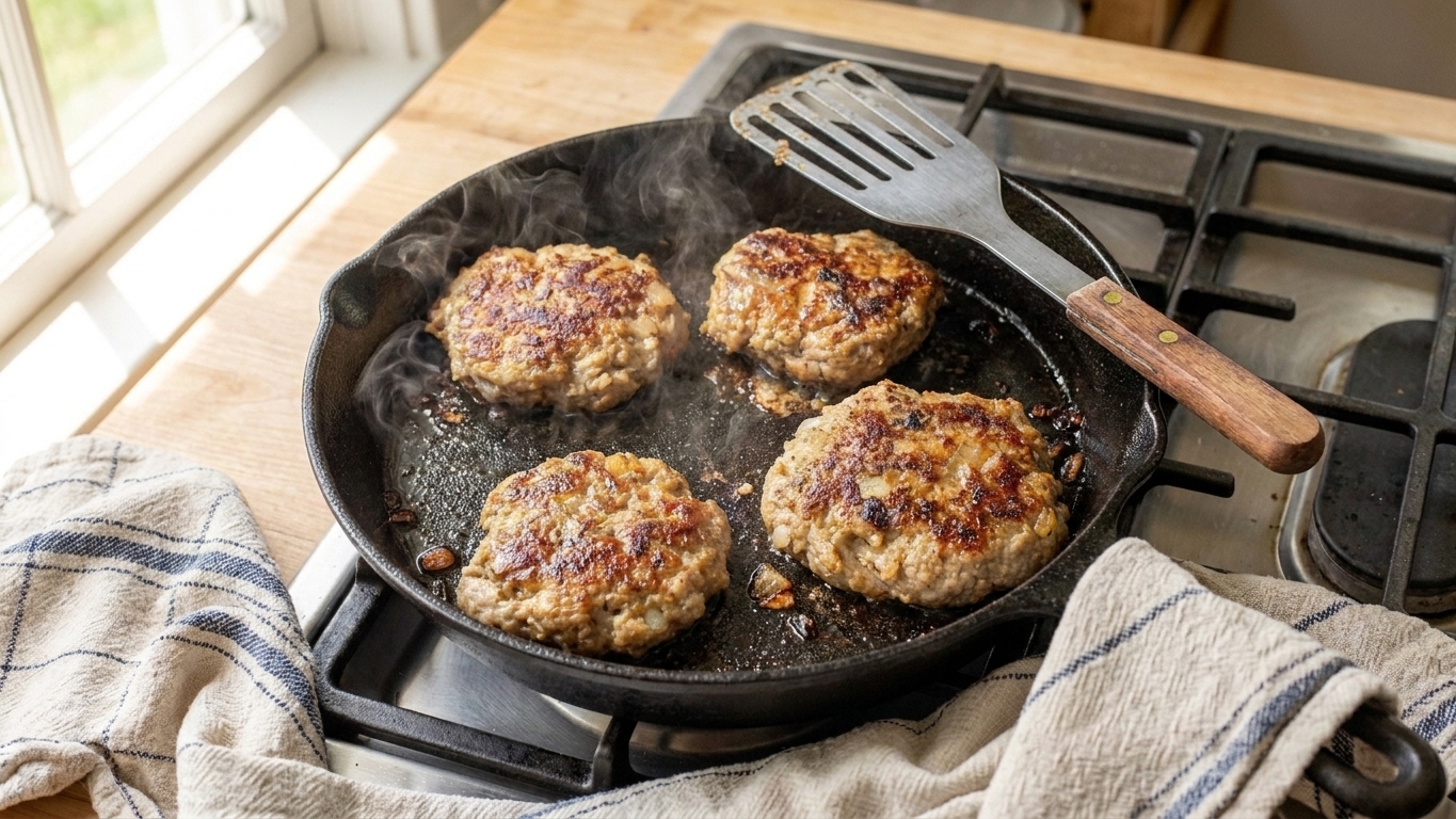 Turkey burger patties sizzling in a cast iron skillet with browned edges, a spatula resting on the pan handle in a home kitchen
