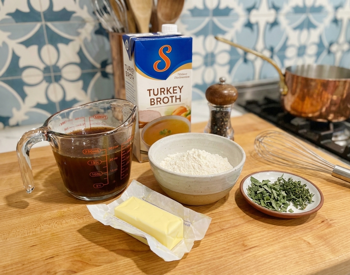 Turkey drippings in a measuring cup, a bowl of flour, a stick of butter, a carton of turkey broth, black pepper, and a small dish of herbs arranged on a warm kitchen counter