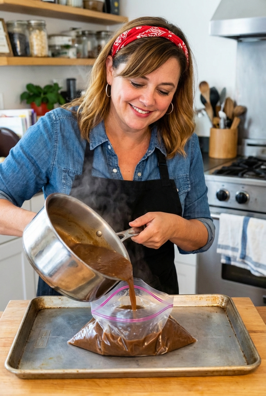 Turkey gravy being poured from a saucepan into a freezer bag laid flat on a sheet pan