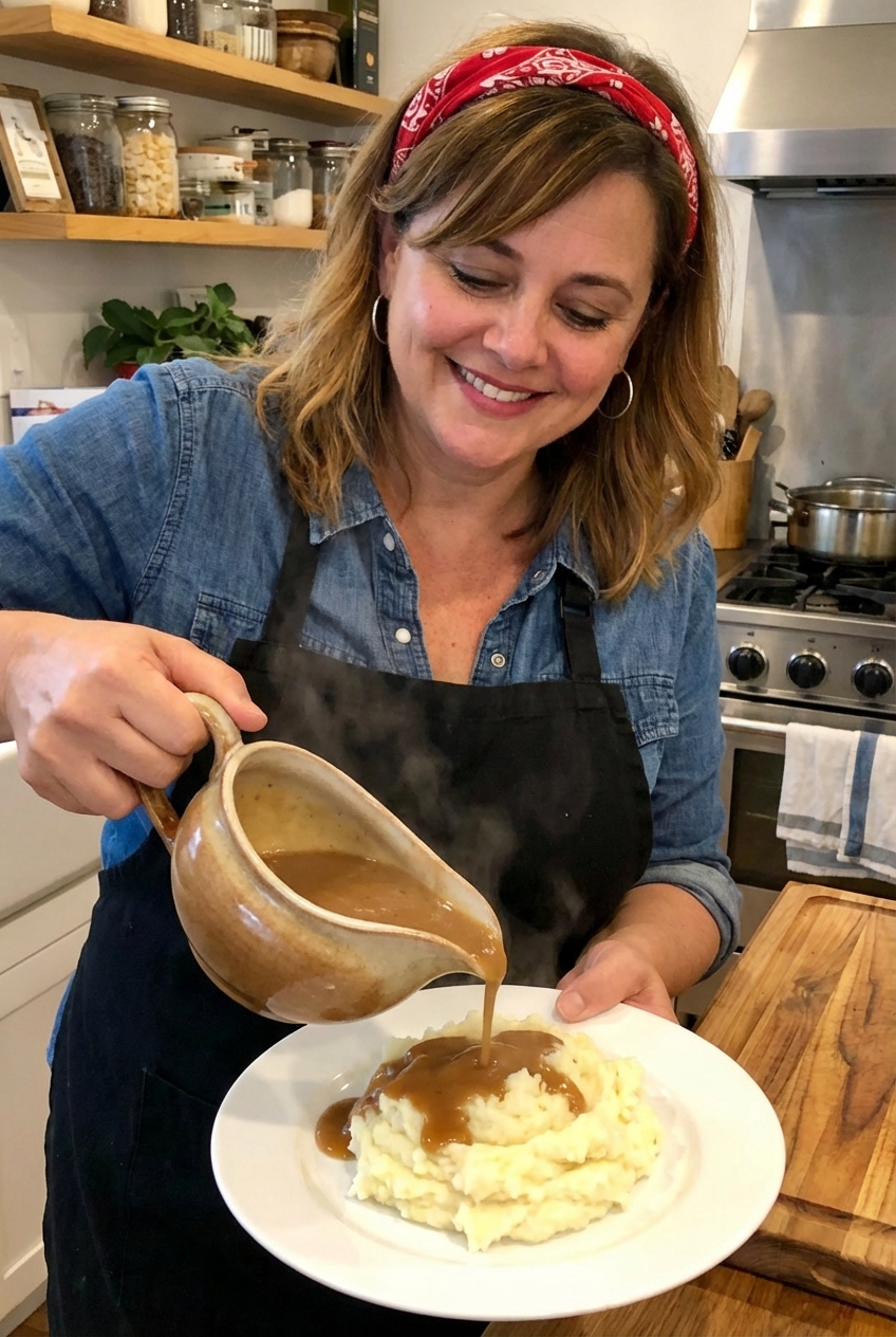 Turkey gravy being poured over mashed potatoes on a plate