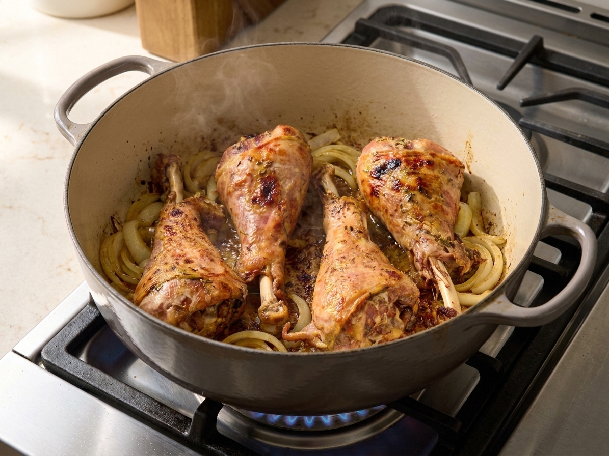Turkey legs browning in a Dutch oven on a stovetop with onions and browned bits visible in the pan