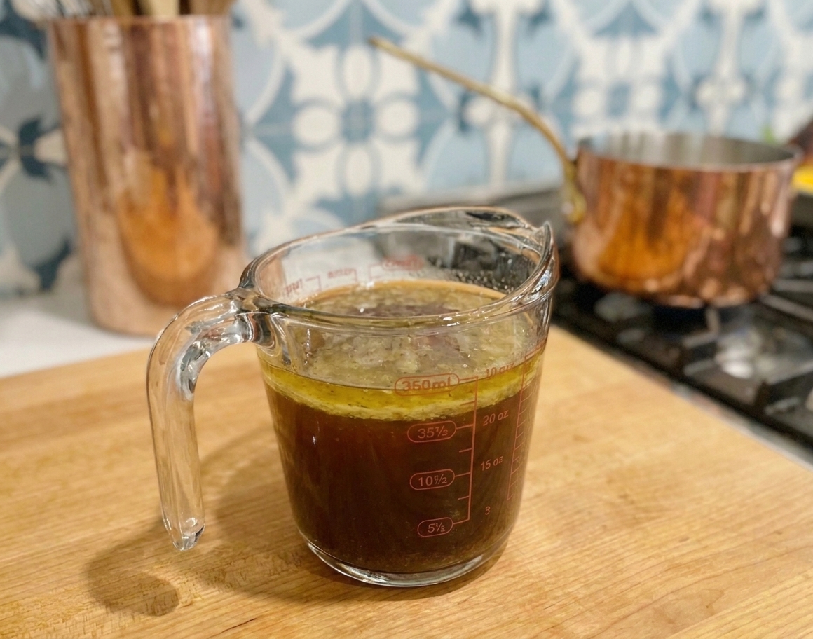 Turkey roasting pan drippings poured into a clear measuring cup with visible fat separating on top, set on a clean kitchen counter under warm light