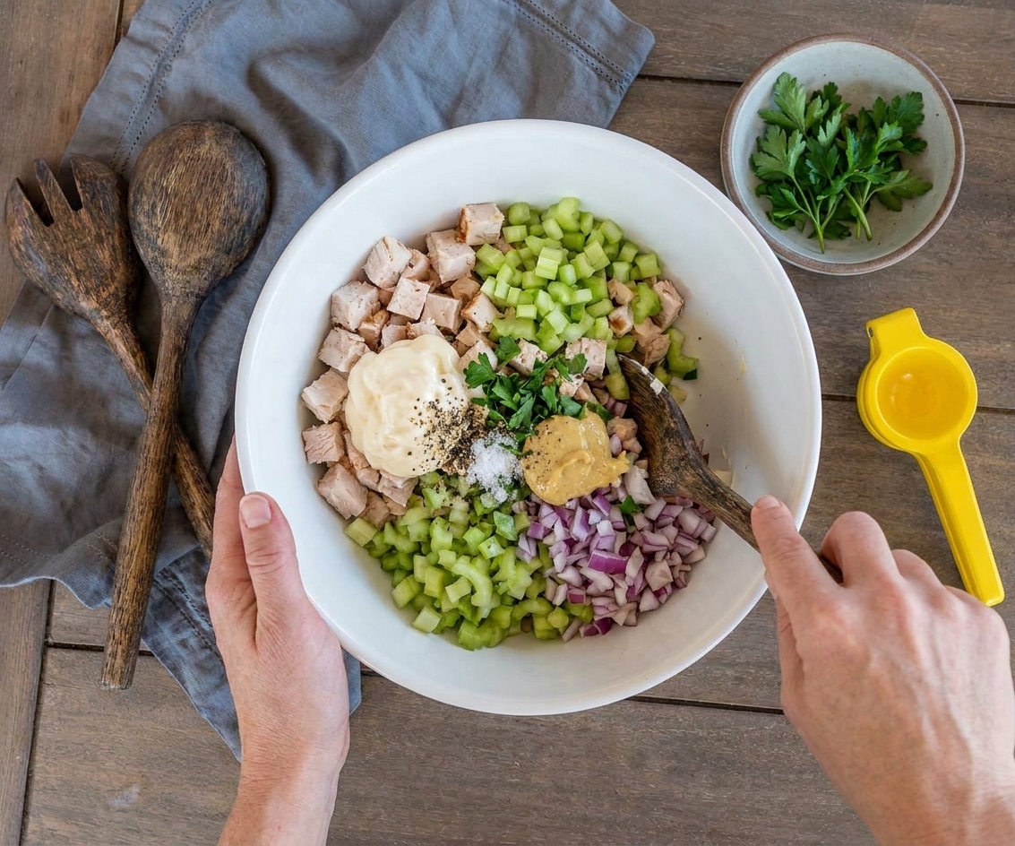 Turkey salad being stirred in a white mixing bowl with a spoon