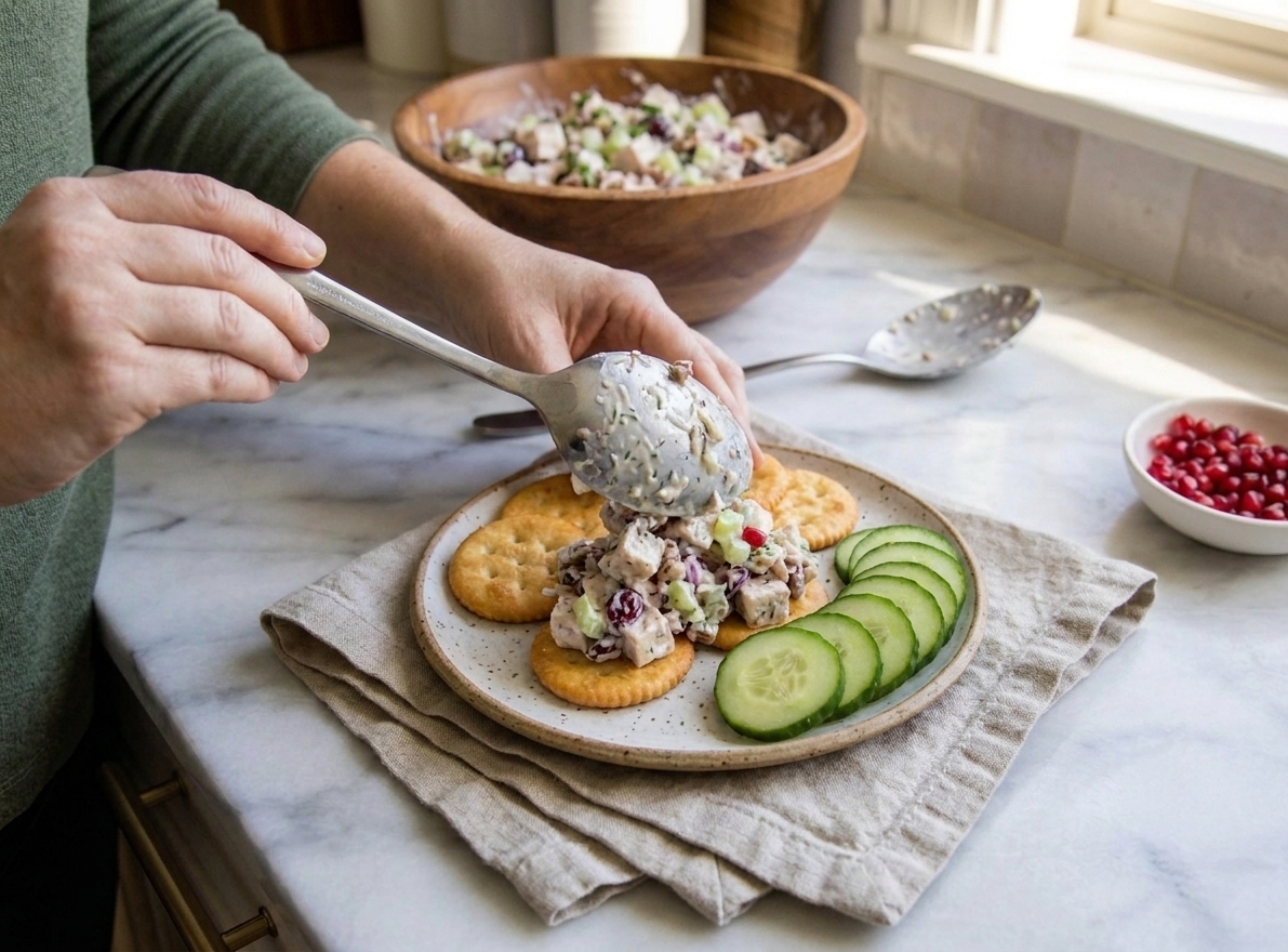 Turkey salad spooned onto crackers on a small plate with sliced cucumbers and a napkin on a kitchen table