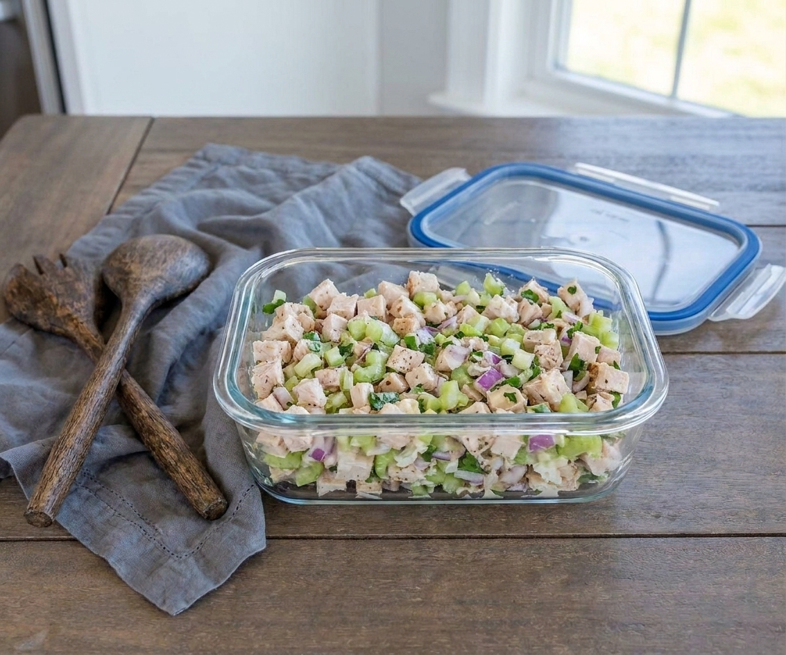 Turkey salad stored in an airtight glass container with the lid beside it