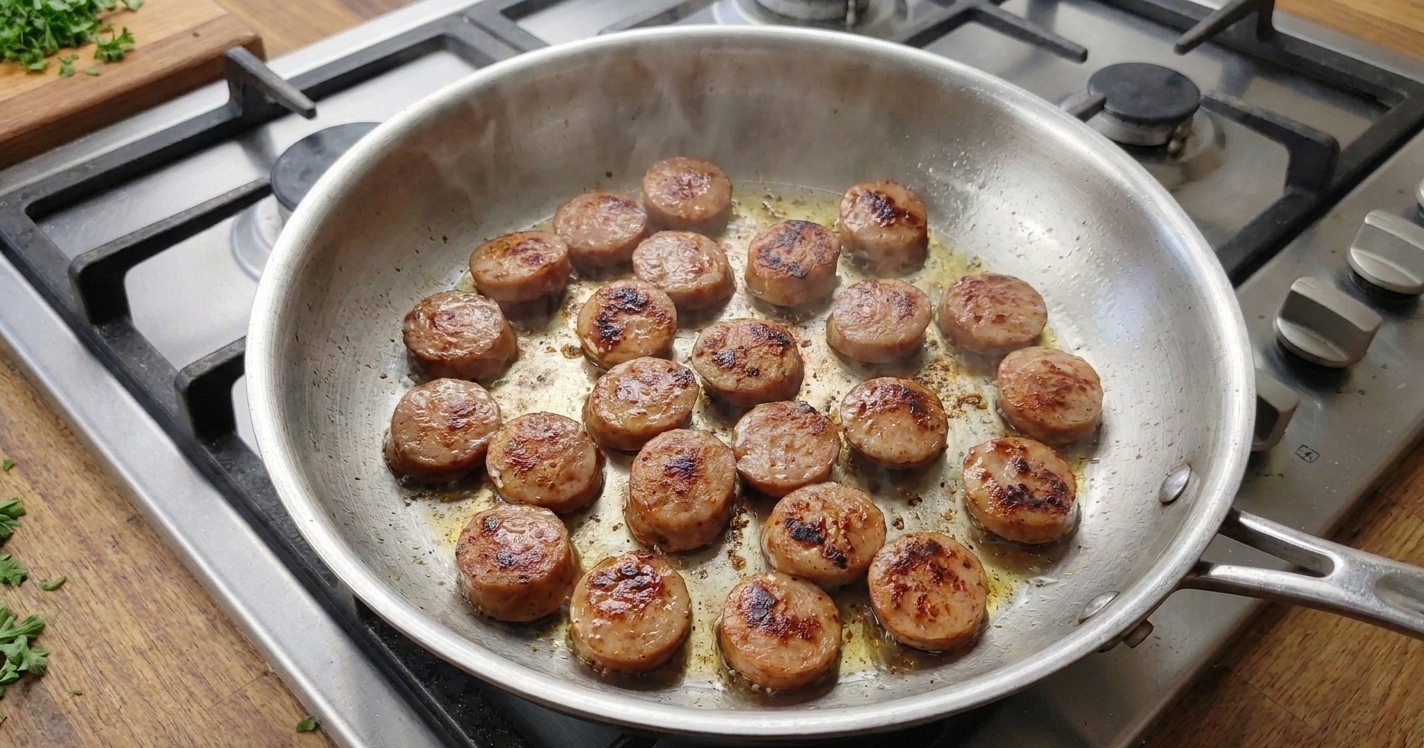 Turkey sausage browning in a stainless steel skillet on a stovetop with golden edges forming