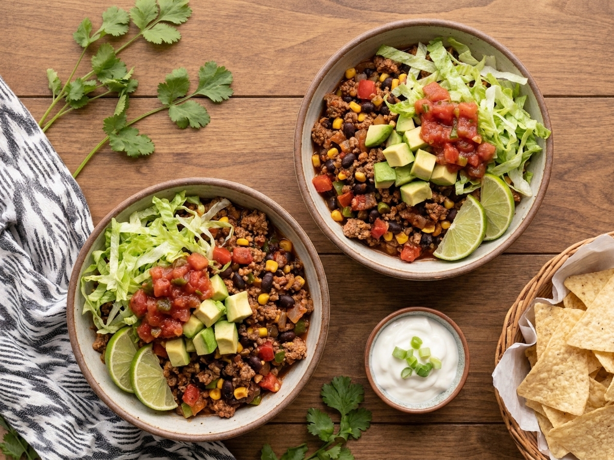 Turkey taco skillet mixture served in bowls with shredded lettuce, avocado, salsa, and lime wedges on a dining table